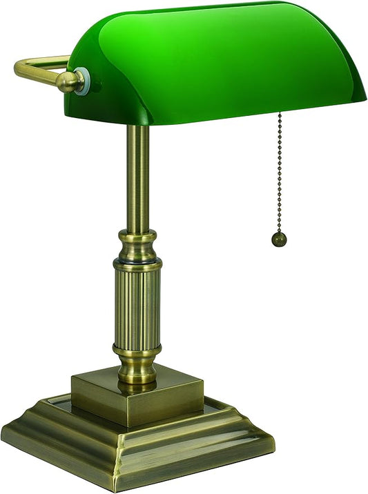 Traditional Style CFL Banker's Desk Lamp with Green Glass Shade (VS688029AB) - LeafyLoom