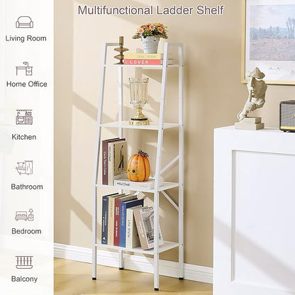 Hoctieon Ladder Shelf Bookcase, 4-Tier Ladder Bookshelf, Tall Bookshelf with Metal Frame, Industrial Bookshelf Ladder, for Living Room, Kitchen, Home Office, Bedroom, Simple Assembly, White - LeafyLoom