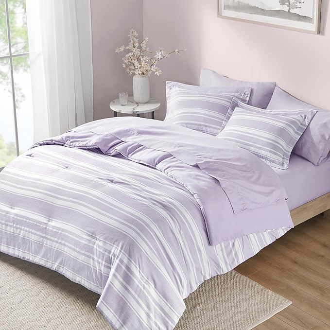 Codi Lavender Purple Queen Comforter Set with Sheets, Striped Bed in a Bag Reversible for All Seasons, Cationic Dyeing Bedding Sets with Comforter, Sheets, Pillowcases & Shams - LeafyLoom