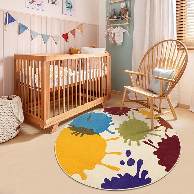 Art Round Rug for Playroom, 4'x4' Colorful Kids Rug for Nursery, Non-Slip Small Circle Rug for Kids Room, Machine Washable Bedroom Rug Soft Circular Office Carpet for Preschool Dorm - LeafyLoom