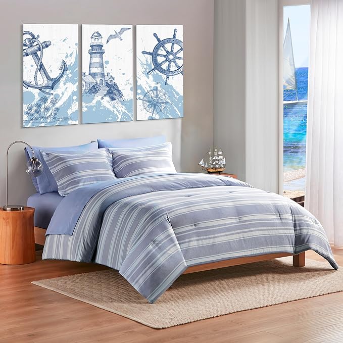 Queen Size Comforter Sets with Sheets, Modern Blue and White Striped Bed in a Bag, 7-Piece Complete Bedding Set Including Reversible Comforter, 2 Sheets, Pillowcases & Shams - LeafyLoom