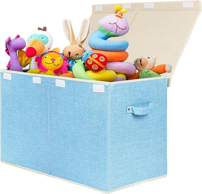 popoly Large Toy Box Chest with Lid, Collapsible Sturdy Toy Bin Storage Organizer Boxes Baskets for Kids, Boys, Girls, Nursery, Playroom, 25"x13" x16" (Linen Blue) - LeafyLoom