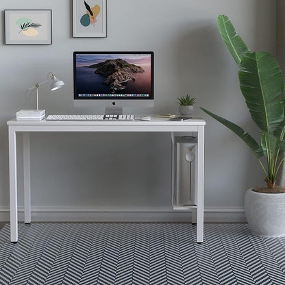 White Computer Desk 47" Writing Desk Study Table with CPU Storage Shelf for Home Office, Workstation, Office, Gaming Room- Sturdy Stable White Metal Frame - LeafyLoom