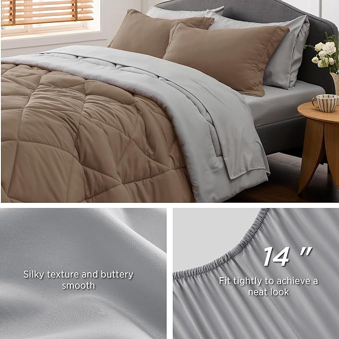 Bedsure Brown Full Size Comforter Set - 7 Pieces Reversible Full Bed in a Bag, Full Bed Set Brown and Grey with Comforters, Sheets, Pillowcases & Shams - LeafyLoom