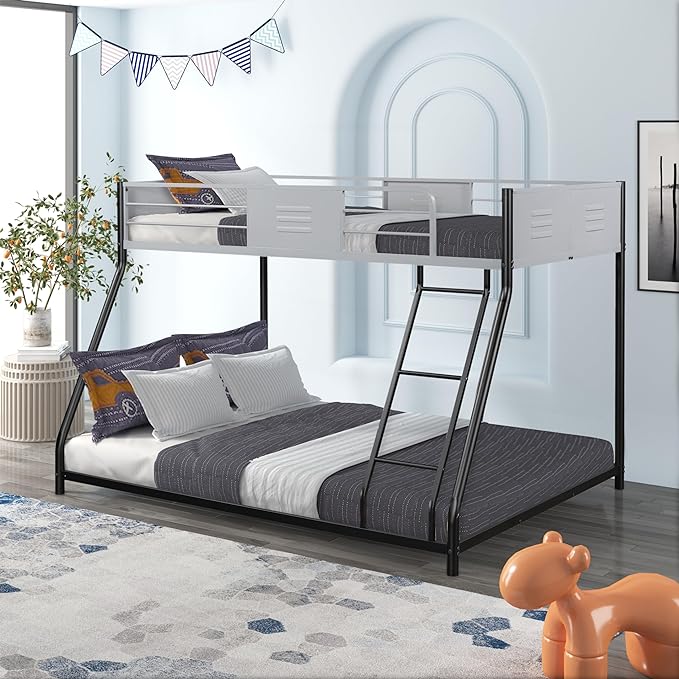 Metal Twin Over Full Bunk Bed, Heavy-Duty Sturdy Metal Frame with Safety Vent Board Guardrail, Low Bunk Beds for Kids, Teens, Adults, No Box Spring Needed - LeafyLoom