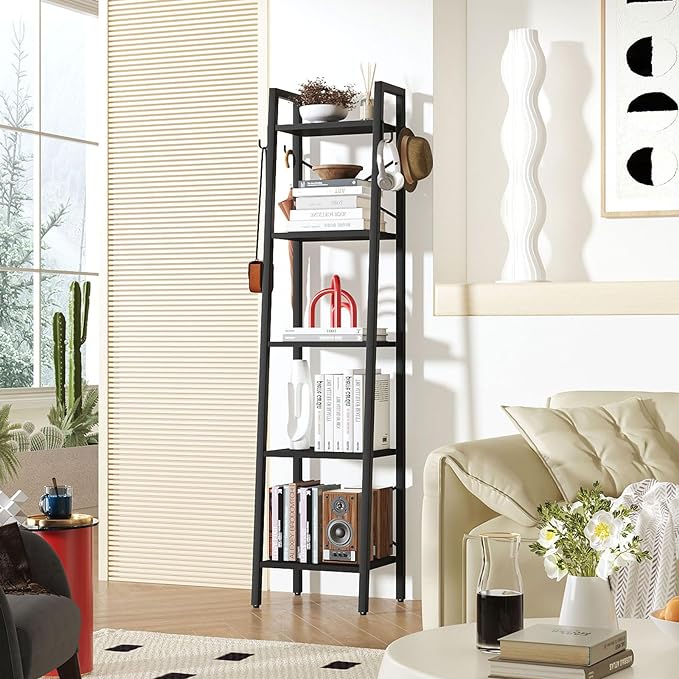 YMYNY 5 Tiers Ladder Bookcase, Industrial Narrow Bookshelf, Open Display Rack with 4 S Hooks, Metal Storage Shelves for Bedroom, Home Office, Living Room, Black, 63H*13.4L*11.8W, UHBC025B - LeafyLoom