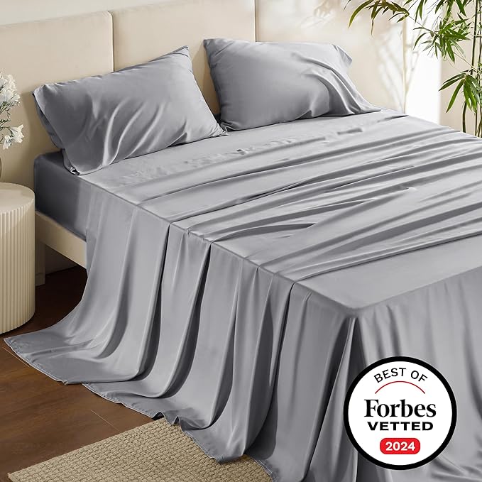 Bedsure Full Size Sheets, Cooling Sheets Full, Rayon Derived from Bamboo, Deep Pocket Up to 16", Breathable & Soft Bed Sheets, Hotel Luxury Silky Bedding Sheets & Pillowcases, Silver Grey - LeafyLoom