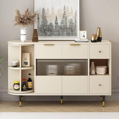 51.1" Rotating Storage Cabinet Sideboard with 2 of Tempered Changhong Glass and 2 Drawers,Wooden Console Table,w/Built-in Shelves & Turntable,for Living Room,Beige - LeafyLoom