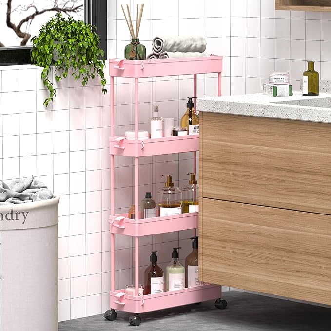 SPACEKEEPER Slim Rolling Storage Cart 4 Tier Bathroom Organizer Utility Cart Mobile Shelving Unit Tower Rack for Kitchen, Laundry Room, Bathroom, Narrow Places, Pink - LeafyLoom