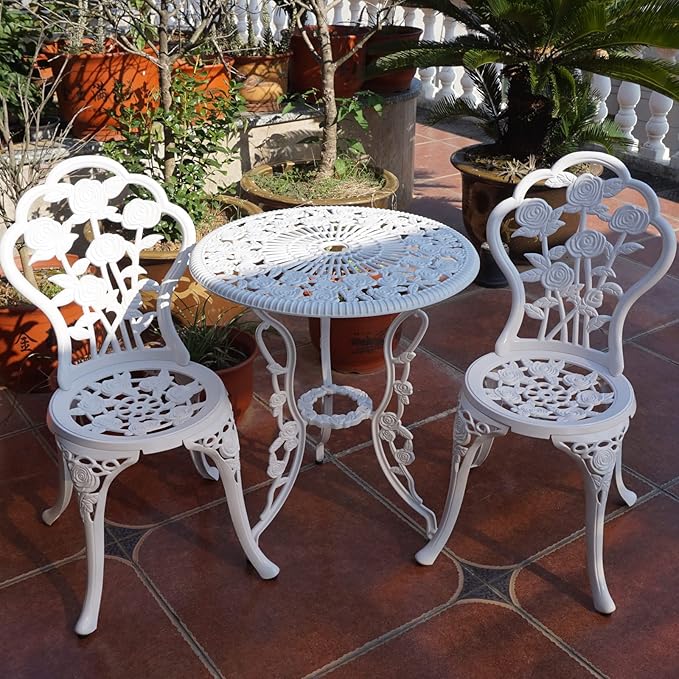 KAILI Outdoor Furniture Bistro Set with Rose Pattern 1 Table 2 Chairs for Garden Patio Porch (Rose-White) - LeafyLoom