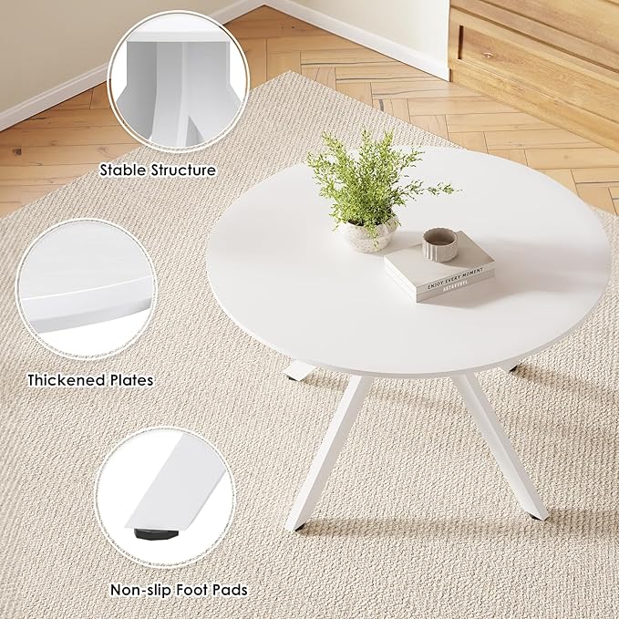 Farini White Dining Table for 4-6 Person,47" Round Wooden Dining Tabletop and Metal Frame for Home Kitchen Dining Desk (47 inch,120cm) - LeafyLoom