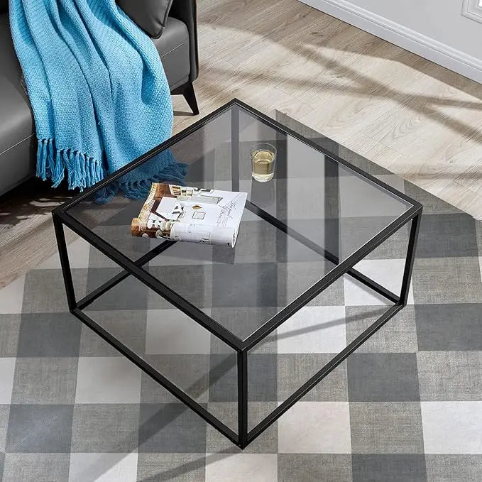 SAYGOER Glass Coffee Table, Small Modern Coffee Table Square Simple Center Tables for Living Room 26.7 x 26.7 x 15.7 Inches, Gray Black - LeafyLoom