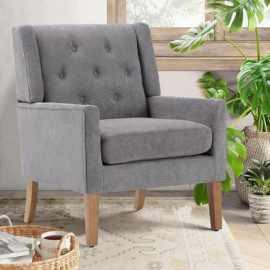 COLAMY Mid-Century Accent Chairs, Modern Wingback Living Room Chair, Upholstered Armchair with Button Tufted Back and Wood Legs for Bedroom/Office/Reading Spaces, Grey - LeafyLoom