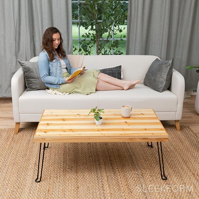 Sleekform Folding Wooden Coffee Table - Collapsible 20x40 Light Wood Mini Desk - Lightweight Foldable Coffee Tables for Small Spaces - Fold Up Hairpin Legs - Birch Wood Finish - LeafyLoom