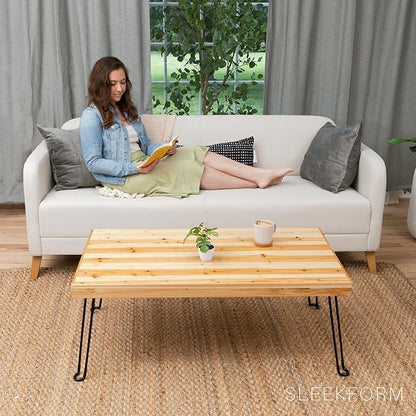 Sleekform Folding Wooden Coffee Table - Collapsible 20x40 Light Wood Mini Desk - Lightweight Foldable Coffee Tables for Small Spaces - Fold Up Hairpin Legs - Birch Wood Finish - LeafyLoom