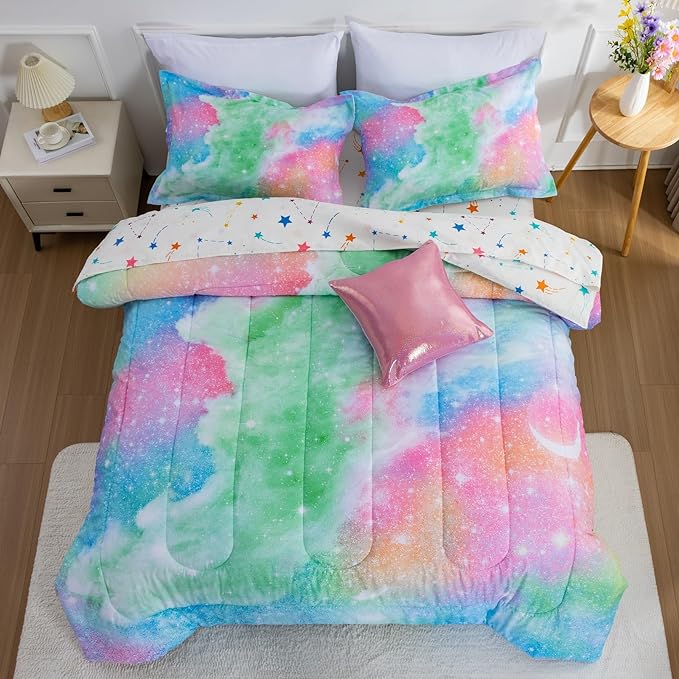 A Nice Night Galaxy 6pcs Kids Bed in a Bag Outer Space Comforter 3D Printed Space Quilt Set Glitter Pink Green Color,for Children Boy Girl Teen Kids,Twin - LeafyLoom