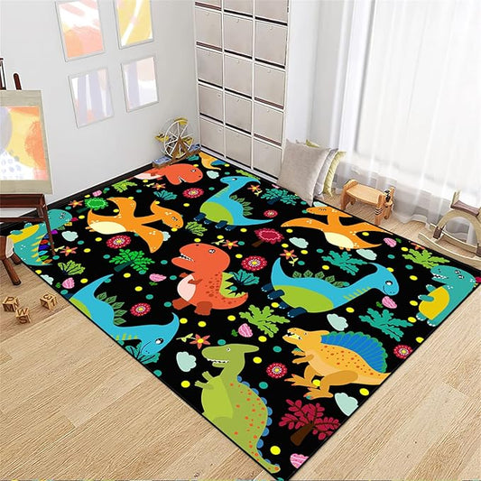 Dino Rugs for Boys Room Kids Play Rug Dinosaur Play Rug Dinosaur Carpet Dinosaur Rug Dinosaur Cartoon Carpet for Boys and Girls Bedroom Classroom,Black 5'×7' - LeafyLoom