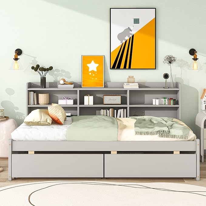 Twin Size Platform 2 Storage Drawers and Side Bookcase, Solid Wood Day Captain, Ideal Bed Frame for Bedroom, Living Room, Gray - LeafyLoom