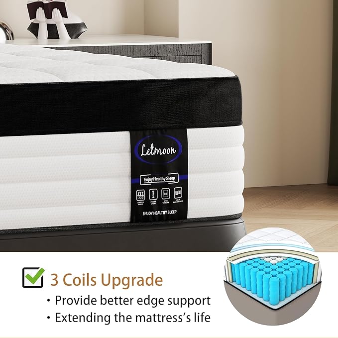 Full Size Mattress, 12 Inch Hybrid Full Mattress, Medium Firm Mattress with Memory Foam and Pocket Springs, 3 Coils Strong Edge Support, Pressure Relief, Bed in Box - LeafyLoom