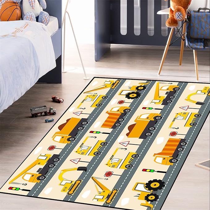 Construction Rug Car Rug Construction Rugs for Boys Room Cartoon Truck Area Rug Construction Play Mat Car Rug for Boys Room Construction Decor for Boys Room 4'5''×6' - LeafyLoom