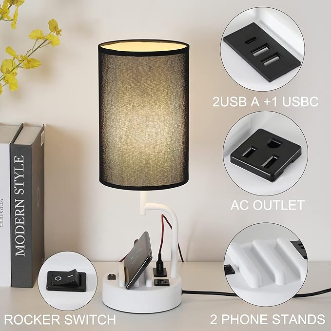 Dreamholder Table Lamp with 3 USB Charging Ports, Modern Desk Lamp with AC Outlet and Phone Stands, Perfect Bedside Lamp for Bedroom, Living Room, Office (Pack of 2), White&Black - LeafyLoom