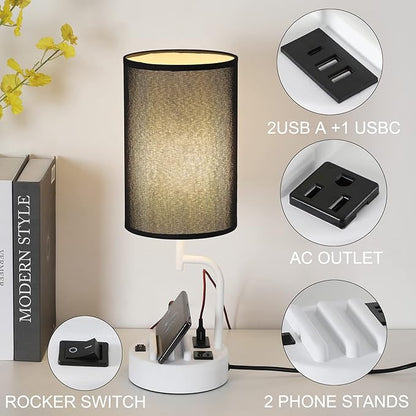 Dreamholder Table Lamp with 3 USB Charging Ports, Modern Desk Lamp with AC Outlet and Phone Stands, Perfect Bedside Lamp for Bedroom, Living Room, Office (Pack of 2), White&Black - LeafyLoom