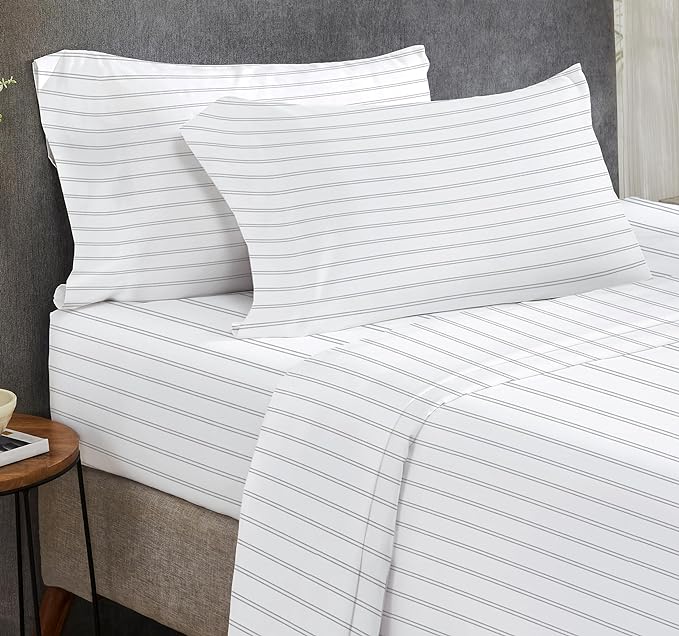 California Design Den King Bed Sheets Stripe Set, 100% Cotton 4 Pc Deep Pocket King Sheets & Pillowcase Set - Classic Stripe - LeafyLoom