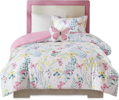 Mi Zone Kids Cynthia Comforter for Girls Microfiber Animal Butterfly Print, Modern All Season Down Alternative Kids Bed Set, Matching Sham, Decorative Pillow, Twin, Pink 3 Piece - LeafyLoom