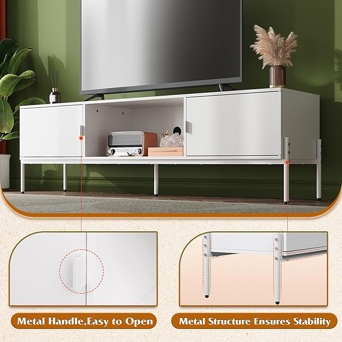 WLIVE Modern TV Stand for 65 Inch TV, Mid Century Entainment Center with Storage, TV Console with Open Shelf and 2 Cabinets for Bedroom and Living Room, TV Cabinet with Metal Legs, White - LeafyLoom