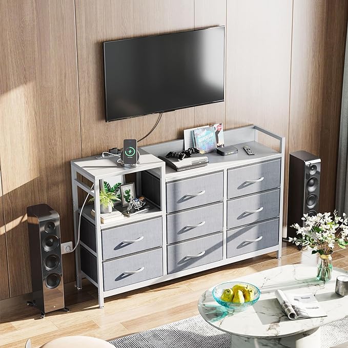 ODK Dresser with Charging Station, 52-Inch Long Dresser TV Stand for Bedroom, Large Dresser with 8 Storage Drawers, Chest of Drawers Easy-Pull Fabric Dressers for Living Room, White and Light Grey - LeafyLoom