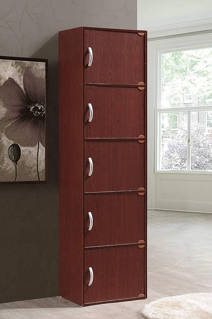 HODEDAH 5 Door Bookcase Cabinet, Mahogany - LeafyLoom