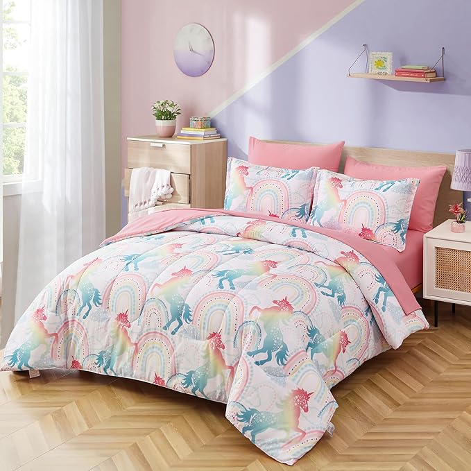 Twin Comforter Set for Girls, 6 Pieces Bed in a Bag, Colorful Unicorn Bedding Comforter Sheet Set, Ultra Soft and Fluffly, Pink & Rainbow Color, Colorful Bed in a Bag for Girls - LeafyLoom