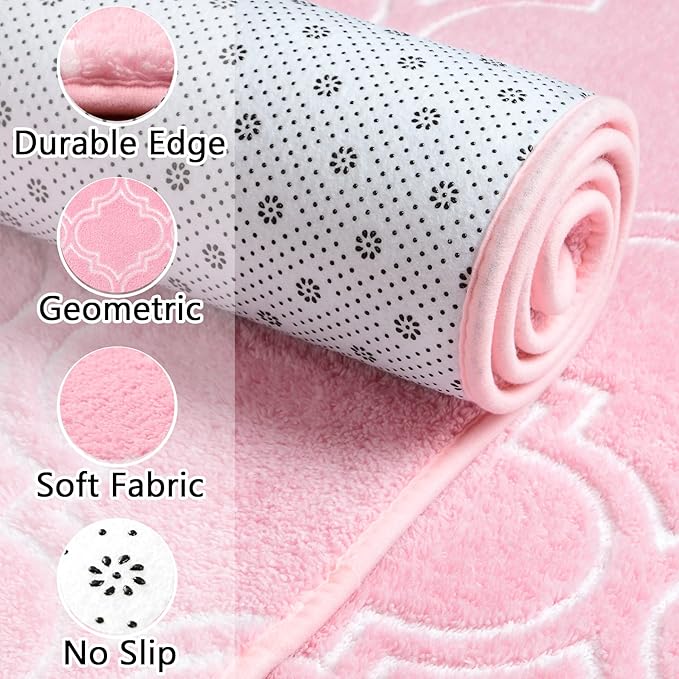 Chicrug Shag Geometric Modern Runner Rug for Bedroom, 2x6 Feet Memory Foam Indoor Hallway Runner Carpet, Fluffy Rug for Living Room Bedside Room Decor for Family, Pink/White - LeafyLoom