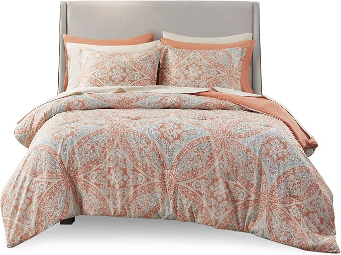 Comfort Spaces Bed in A Bag - Trendy Casual Design Cozy Comforter with Complete Sheet Set with Side Pocket, All Season Cover, Matching Shams, Queen(90"x90"), Gloria, Damask Coral 9 Piece - LeafyLoom