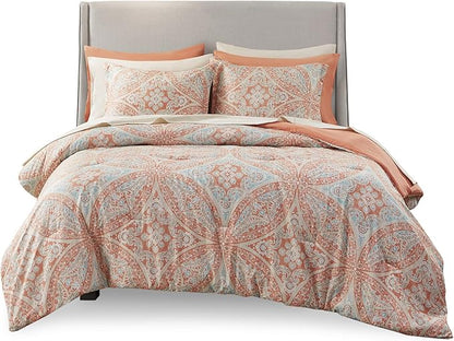 Comfort Spaces Bed in A Bag - Trendy Casual Design Cozy Comforter with Complete Sheet Set with Side Pocket, All Season Cover, Matching Shams, King(104"x90"), Gloria, Damask Coral 9 Piece - LeafyLoom