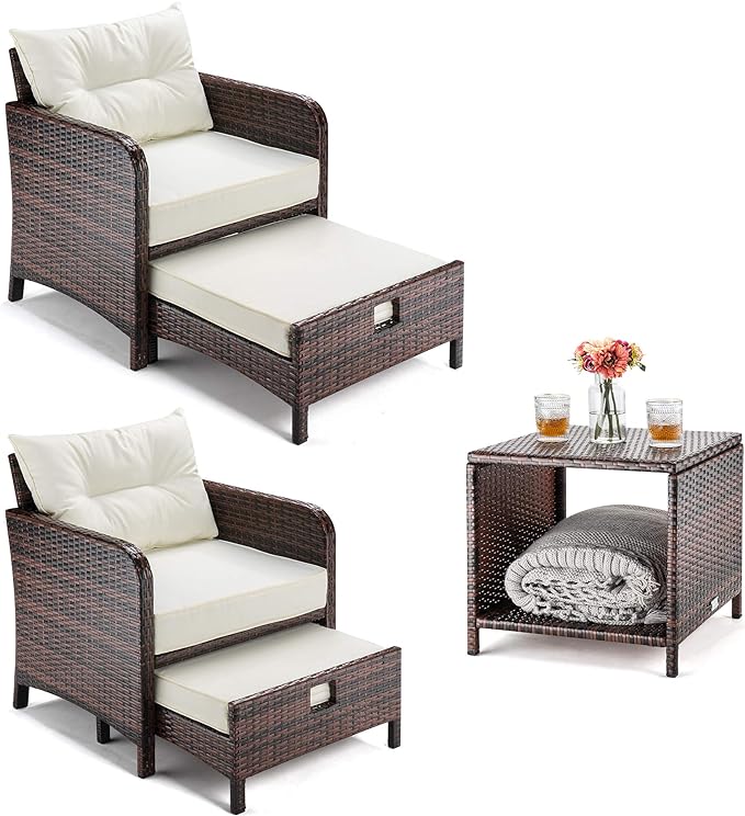 Pamapic 5 Pieces Wicker Patio Furniture Set Outdoor Patio Chairs with Ottomans Conversation Furniture with coffetable for Poorside Garden Balcony(Beige) - LeafyLoom