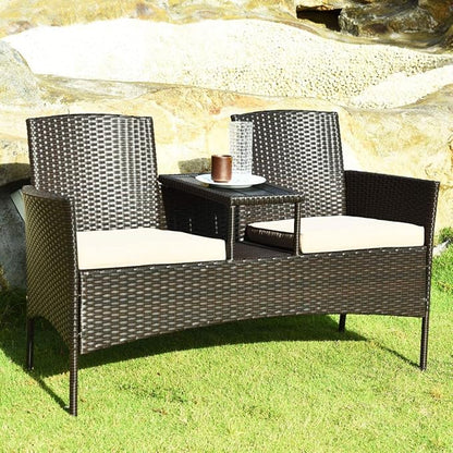 LUARANE Outdoor Rattan Sofas, Contract Patio Conversation Set Wicker Sofa Set with Built-in Coffee Table, Patio Furniture Set with Cushions, Rattan Loveseat for Lawn Backyard Garden (Brown+Beige) - LeafyLoom