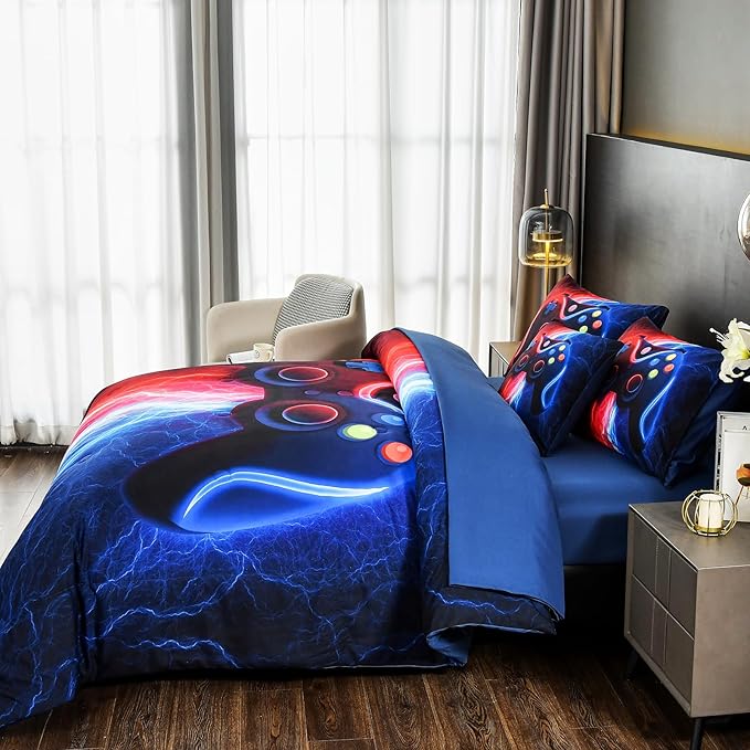 DORCAS Gamer Comforter Sets with Sheets for Boys,Twin Size Gamer Bedding Sets Boys,6 Pieces Lightning Gaming Comforter Set for Boys Kids Teens (Red&Blue, Twin) - LeafyLoom