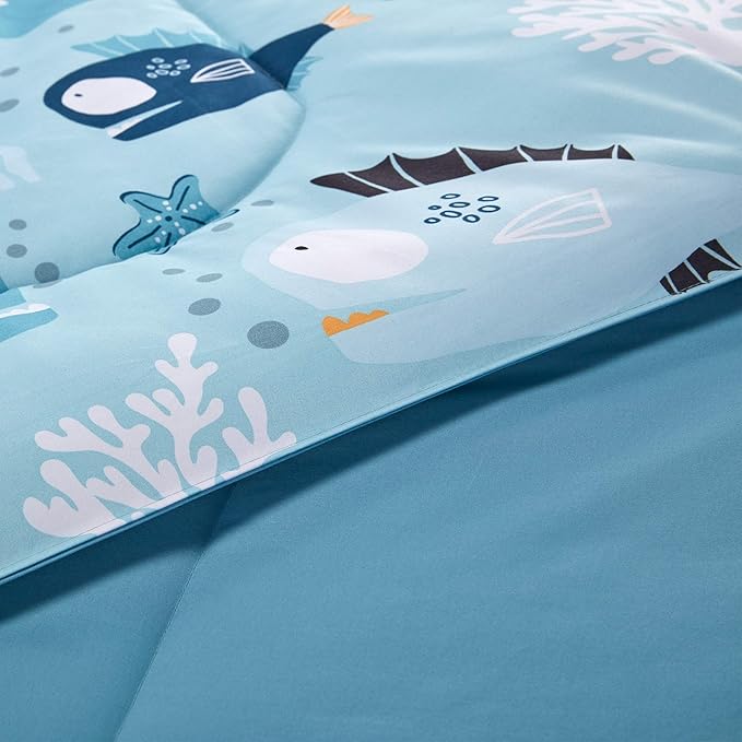 SLEEP ZONE Kids Bedding Comforter Set Full/Queen Size - Super Cute & Soft Kids Bedding 7 Pieces Set with Comforter, Sheet, Pillowcase & Sham (Little Fish) - LeafyLoom