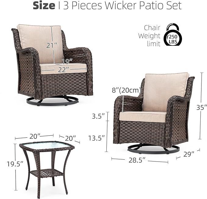 IDEALHOUSE 3 Pieces Outdoor Wicker Swivel Rocker Patio Set, 360-Degree Swivel Rocking Chair Elegant Wicker Patio Bistro Set with Tempered Glass Top Side Table (Apricot) - LeafyLoom