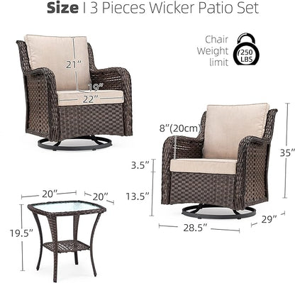 IDEALHOUSE 3 Pieces Outdoor Wicker Swivel Rocker Patio Set, 360-Degree Swivel Rocking Chair Elegant Wicker Patio Bistro Set with Tempered Glass Top Side Table (Apricot) - LeafyLoom