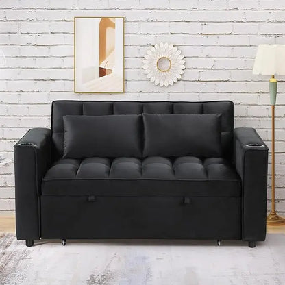 Convertible Sleeper Couch Bed, Black w/ 2 Cup Holder and USB Port - LeafyLoom