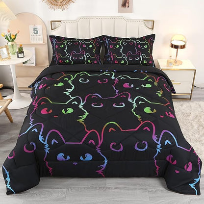 ENCOFT Kids Bedding Set Cat Comforter Set Full for Girls and Boys 3 Piece Cartoon Bed Set Black Comfortable and Breathable All Season for Teens and Adults Room Decor with 1 Comforter and 2 Pillowcases - LeafyLoom