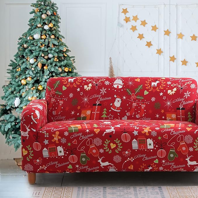 Mybedsoul Christmas Printed Sofa Cover Santa Claus Elastic Couch Cover Machine Washable Christmas Theme Red Sofa Slipcover for Living Room(3 Seater) Mybedsoul