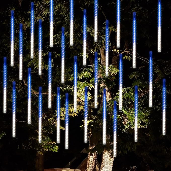 Dazzle Bright 288 LED Christmas Light, 11.8 Inch Meteor Shower Rain Lights with 8 Tubes，Waterproof Plug in Falling Rain Lights Christmas Decorations for Xmas Bushes Tree Yard Party, Blue and White DazzleBright