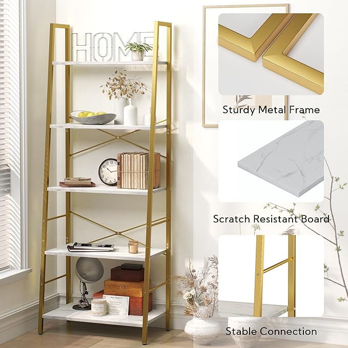 Yusong Ladder Shelf, 5-Tier Bookshelf Wood Bookcase for Living Room, Industrial Book Shelves, Tall Storage Display Rack Plant Stand for Bedoom, Home Office, Gold Metal Frame and White Marble Plank - LeafyLoom