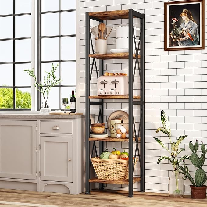 5-Tier Narrow Bookshelf, Ladder Bookshelf, Tall Bookshelf for Bedroom with Open Shelves, Office Bookshelf, Industrial Standing Bookshelf for Bedroom, Living Room and Home Office - LeafyLoom