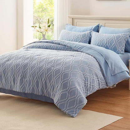 EMME Twin Comforter Set - 5 Pcs Blue Boho Bedding Sets, Twin Size Tufted Comforter with Sheets, Shabby Chic Embroidery Bed Set Fluffy Bed Bag for All Season(68"X90") - LeafyLoom