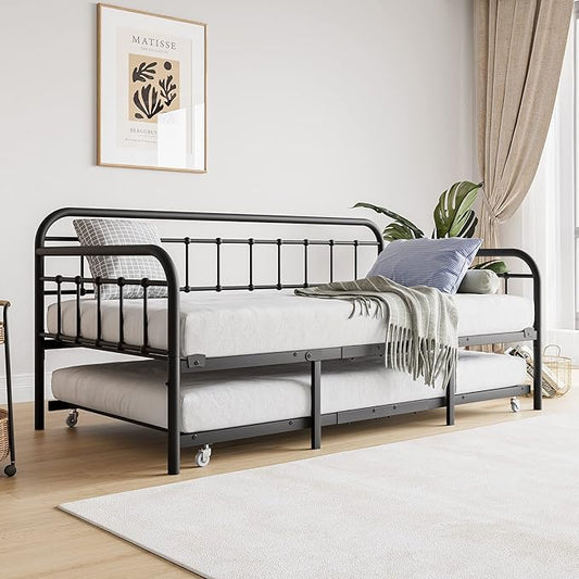 Twin Size Metal Daybed Frame with Trundle and Headboard,Guest Room Multifunctional Heavy Duty Sofa Bed Platform w/Steel Slat Support & Easy Assembly,for Adult Kid Boy Girl,Black - LeafyLoom