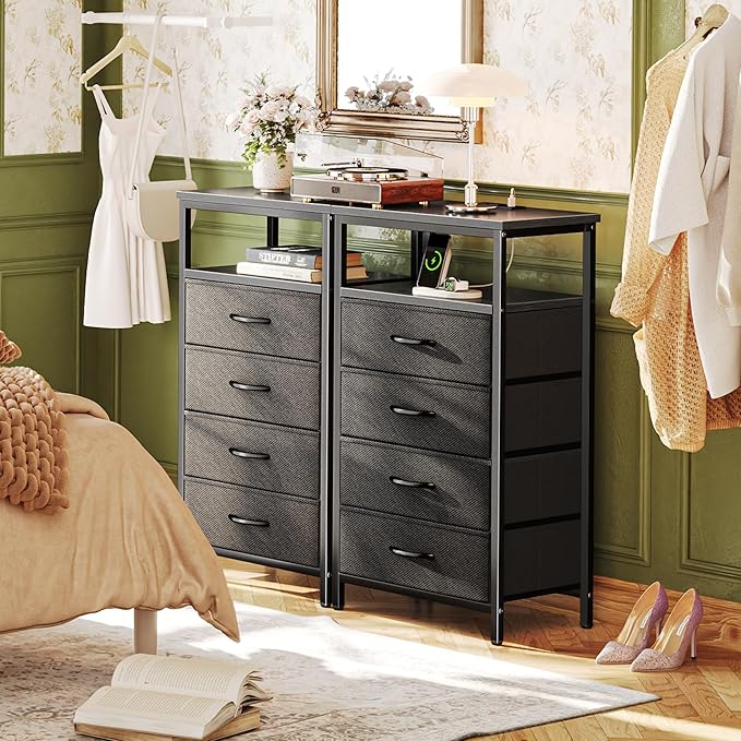 Night Stand with Charging Station, 4 Drawer Dresser for Bedroom, Bedside Table, 33.9 Inch Tall Nightstand with Open Shelf, End Table, for Closet, Entryway, Bedroom, Black - LeafyLoom